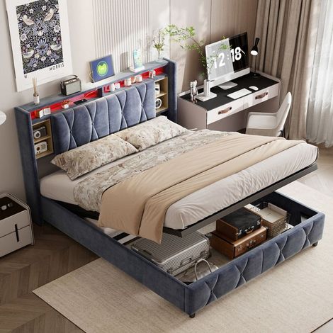 Letto matrimoniale 140x200 in velluto grigio con contenitore, testata LED e caricatore USB/Type-C
