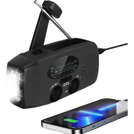 Radio d'urgence portable et rechargeable solaire, à manivelle et recharge USB pour téléphone portable, NOAA, maison et camping, radio météo AM/FM, lampe torche dynamo, alarme SOS (1/5)