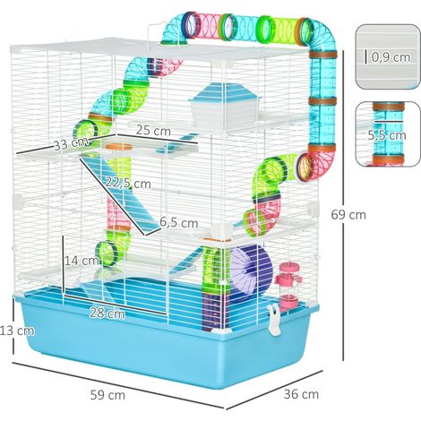 Cage rongeur bleu clair blanc cinq étages acier plastique 59x36x69cm rampe roue mangeoire bouteille d’eau, habitat ludique complet pour petits animaux (1/5)