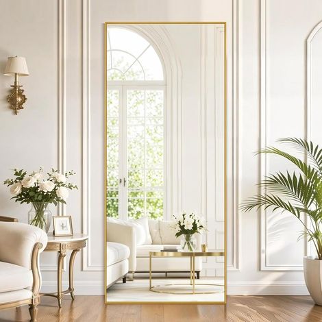 Miroir Pleine Longueur rectangulaire avec Support, pour Chambre à Coucher, Salon, à Suspendre ou appuyer Contre Un Mur, Cadre en Alliage d'aluminium, Verre trempé, doré (165 x 60 cm) (1/5)