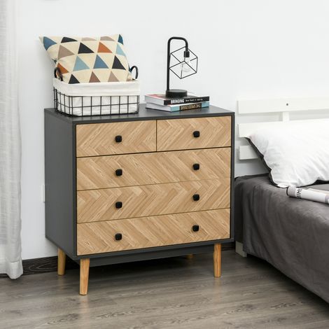 Commode 5 tiroirs Design scandinave Graphique dim. 80L x 40l x 80H cm Panneaux de Particules Gris foncé chêne Clair (1/5)