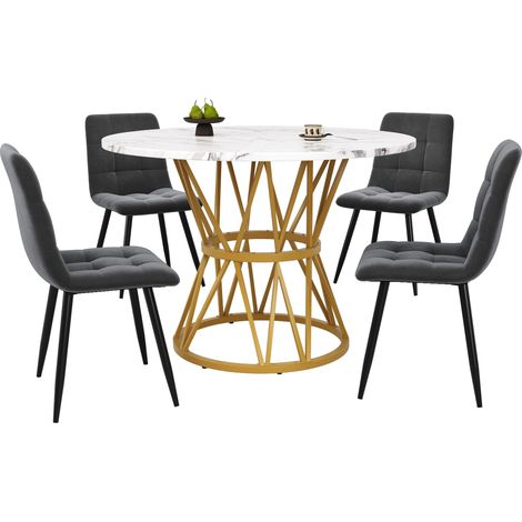 ELVMI Tisch- und Stuhlset mit 1 Rundtisch und 4 Stühlen, aus MDF und Samt, Grau und Gold (1/5)