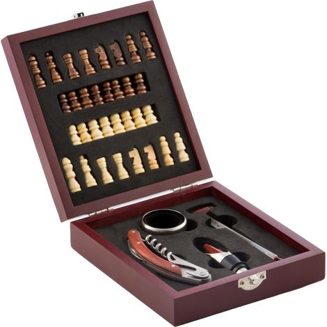 Ensemble d'accessoires à vin et échecs 37 pièces – Matériaux bois et acier inoxydable – Design exclusif et élégant – Coffret avec échiquier – Innovagoods