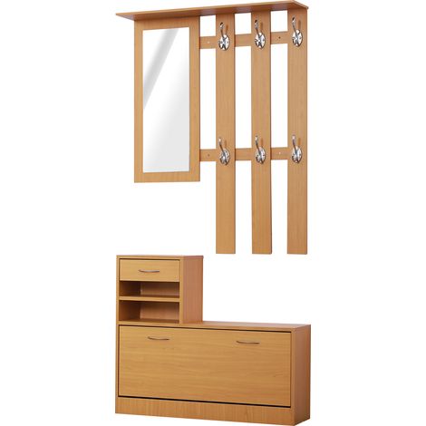 Beyamis Flurmöbel-Set, Schuhschrank, Garderobenständer mit 6 Haken, Spiegel, Ablagen, Kommode mit mehreren Kleiderbügeln, Organizer, Eiche