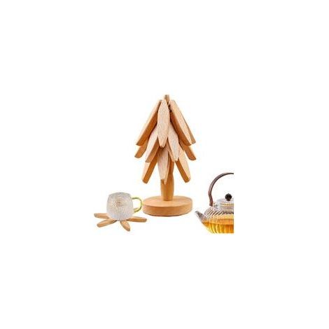 Dessous de plat en bois de hêtre résistant à la chaleur – Pliable en forme d'arbre – 20 cm de diamètre – Nettoyage facile (1/5)