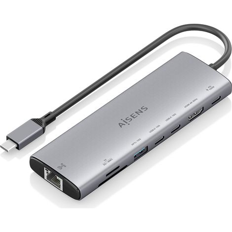 Dock USB-C Aisens ASUC-8P033-GR 8 en 1, HDMI 4K, RJ45, USB-A, USB-C PD 100W, Aluminio