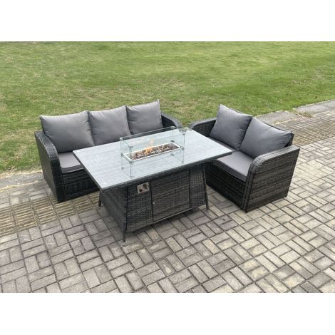 Fimous Rattan Garden Furniture Set with Gas Fire Pit Table 3 Pieces Outdoor Lounge Sofa Set Dark Grey Mixed (1/5)