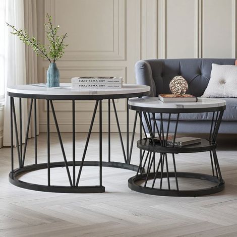 Couchtisch - Holz Marmor und Metallbeine - Beistelltisch - rund - D 70/45 x H 45/40 cm - Schwarz und Weiß