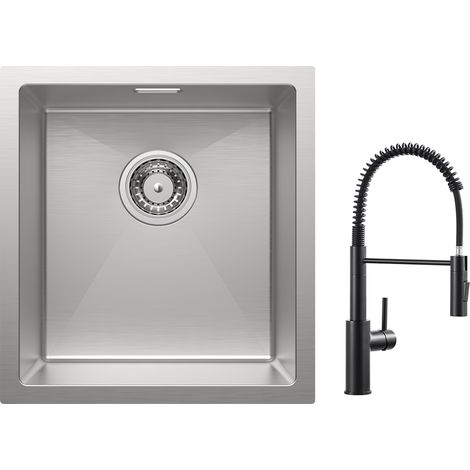 Cecipa Évier 1 Bac 40 x 44 cm Évier Inox Évier de Cuisine Brossé + Mitigeur de Cuisine à Ressort avec Douchette Extractible, Robinet Evier 2 Modes de Sortie D'eau, Noir (1/5)