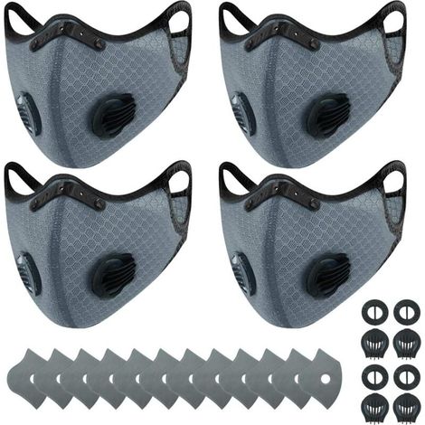 4 masques anti-poussière de sport + 12 filtres à charbon actif, réutilisables, respirants, activités de plein air, travail du bois, tonte et course, cyclisme gris- (1/4)