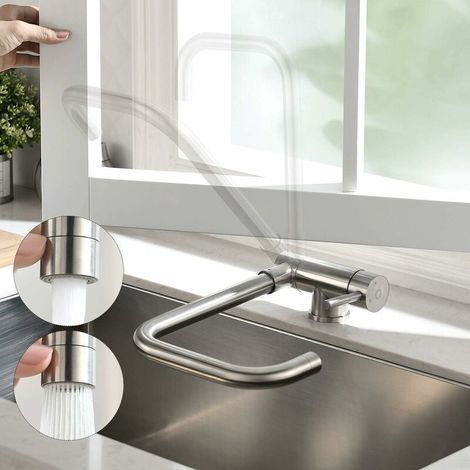 Mitigeur Cuisine Rabattable avec 2 Jets aux Choix Robinet Cuisine Sous Fenêtre Robinetterie Cuisine Pliable Bec Orientable 360° Mitigeur Evier Rabattable Fenêtre en Laiton Acier Inox 304 (1/5)