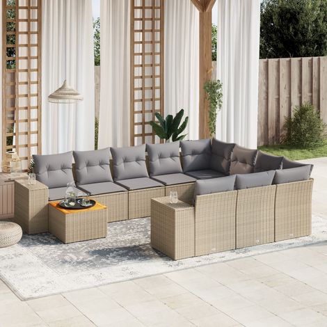 Salon de jardin modulable 11 pièces en résine tressée beige avec coussins gris clair et table en bois d’acacia massi (1/5)