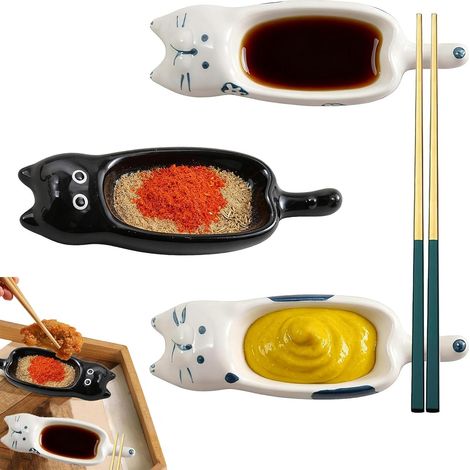 Lot de 3 bols à sauce - 13 x 4,2 cm - En forme de chat - En céramique - Empilables - Pour ketchup, moutarde, sauce soja, vinaigre (blanc) (1/5)