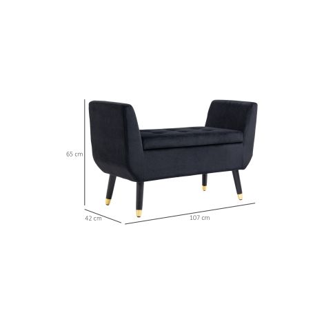 Banc coffre noir en velours avec accoudoirs et rangement intégré, structure en bois d'hévéa, pour salon et entrée (1/5)