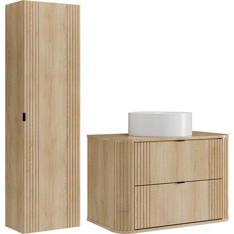 Mobile bagno sospeso con lavabo da appoggio rotondo e colonna Naturale chiaro 80 cm - FILOR (1/5)