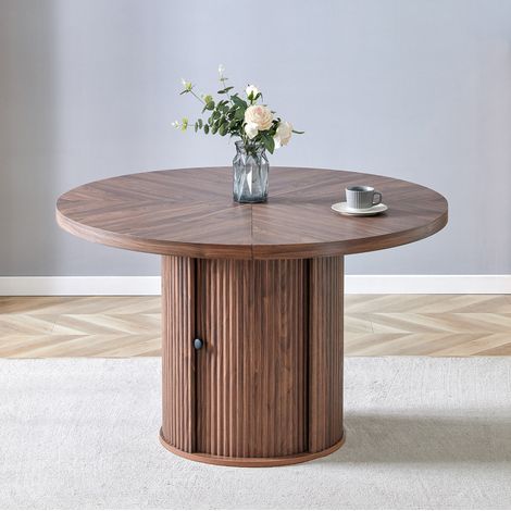 Tavolo da pranzo rotondo da 115 cm con vano contenitore, per 4-6 persone, struttura stabile, in MDF color noce (1/5)