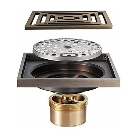 royaluxe -Drain De Douche Carré, Déodorant De Drain De Plancher De Douche Bronze Antique De 4 Pouces avec Grille De Couverture Amovible Drain De Douche De Salle De Bain (1/4)