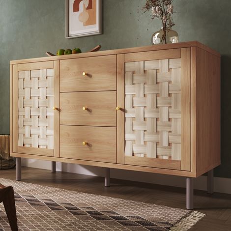FLORAGRACE Commode de style campagne 120 x 40 x 75 cm en bois marron clair, 2 portes, 3 tiroirs, étagères réglables (1/5)