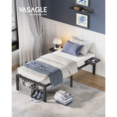 Vasagle – Cadre de lit 90 x 190 avec sommier métal – 2 étagères de rangement – Stable jusqu'à 250 kg – Montage facile – Noir classique