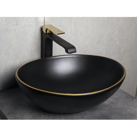 Vasque à poser ovale en céramique FORMOZA noir liseré doré 41.5 x 33.5 cm