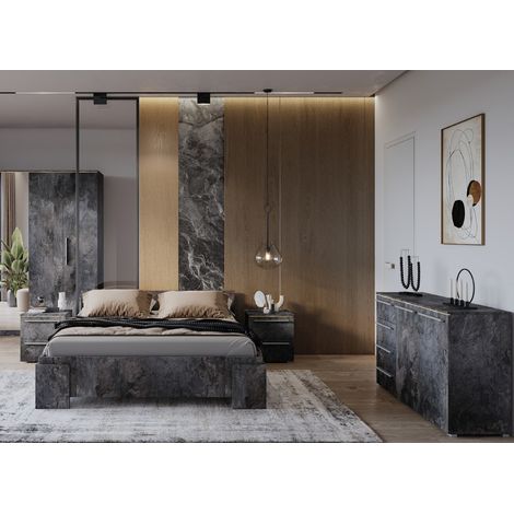 Azura Home Design – Chambre complète INDIA gris pierre 160x200 cm – Mélaminé haute densité – Commode 2 portes 4 tiroirs – 2 tables de chevet (1/5)