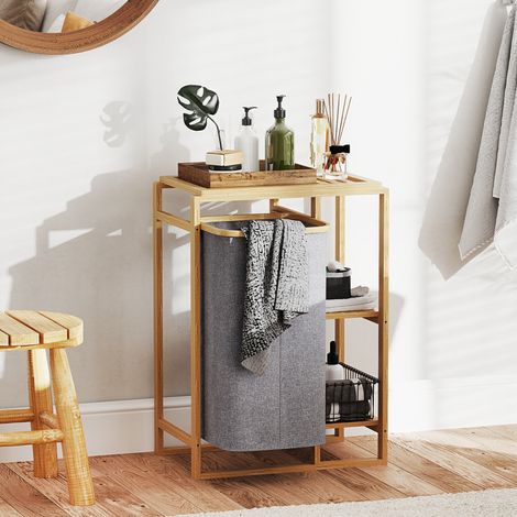Cesto de ropa con bolsa extraíble, cesto de ropa para baño con estantes de bambú, 50x32x70 cm, gris
