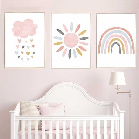 CCYKXALot de 3 Tableaux Toile 21x30cm, Affiches Sans Cadre Arc-en-Ciel Nuage Soleil pour Décoration Chambre Enfant Fille et Garçon