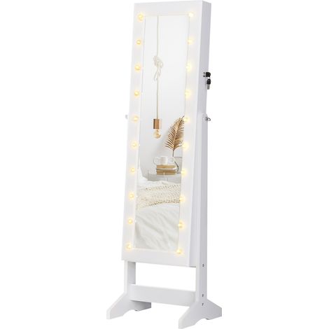 Beyamis Schmuckschrank mit verstellbarem Spiegel und 20 LED-Leuchten, Holz, Weiß, 40 x 37 x 146 cm