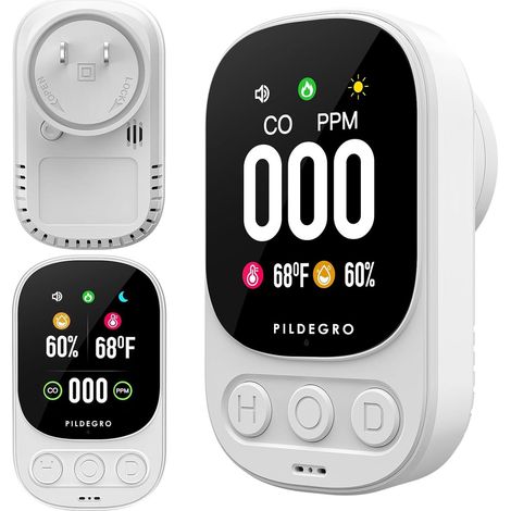 3-in-1-Kohlenmonoxidmelder zum Einstecken, tragbarer CO-Monitor mit LED-Anzeige, 85 dB akustischem Alarm, Temperatur- und Feuchtigkeitsmessung (Weiß)