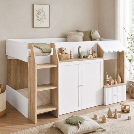 DESMIU Lit mezzanine enfant 1 place avec échelle large, rangement et étagères 90 × 200 cm, sans matelas, blanc et naturel (1/5)