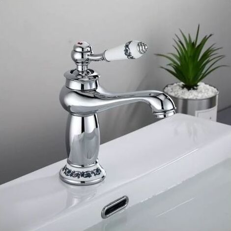 Robinet de lavabo en laiton céramique porcelaine noire et blanche col long rétro floral apporter de l'eau froide et chaude robinet d'eau (chromé) (1/5)