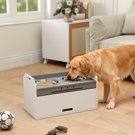 Gamelle surélevée pour chien avec meuble de rangement, 2 bols munis d'anneaux antidérapants, 60 x 30 x 35,5 cm, blanc (1/5)
