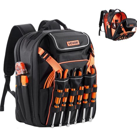 Sac à Dos à Outils, Charge 22,7 kg, Sac à Outils, 33x22x44 cm, avec 45 Poches, Compartiment Ordinateur Portable, Base Stable, Organisateur à Outil Robuste pour Chantier, Électricien, Réparateur (1/5)