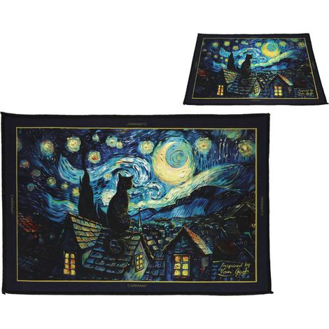Alfombra de noche Carmani de 60x40 cm, inspirada en Van Gogh/La noche estrellada y los gatos. (1/2)