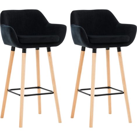 Set di 2 sgabelli da bar in velluto nero gambe in legno con poggiapiedi e braccioli stile moderno retrò 100000321