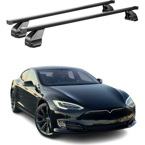 OMAC Dachträger Querträger Stahl für Tesla Model S 2017-2026 – Abschließbar – City-Crash-getestet – DIN 75302:2019 – ISO/PAS 11154:2006 – Max. 75 kg Schwarz (1/5)