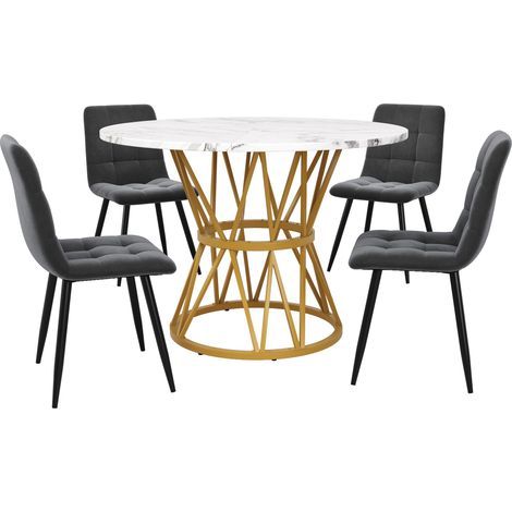 CAIziEnsemble de table à manger 5 pièces, ensemble avec 4 chaises, ensemble moderne pour cuisine et salle à manger, table ronde de 100 cm de diamètre avec pieds en métal, plateau en MDF effet marbre, 