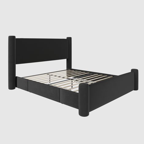 Estructura de cama doble negra de 140 x 200 cm con cabecero tapizado con diseño de columnas 3D, 2 cajones y puerto USB integrado, que aporta comodidad y estilo a tu dormitorio (sin colchón). (1/5)
