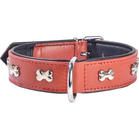 Collare rosso 30×1,80 cm: Collare in pelle rosso con lucidi ossi nichelati modello Extra Souple per cani