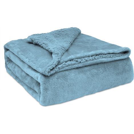 Briebe - Manta Sofá Invierno Sedalina Lisa y Borreguito Polar Sherpa 130x160 cm Calentita Gruesa Suave  Azul Petróleo