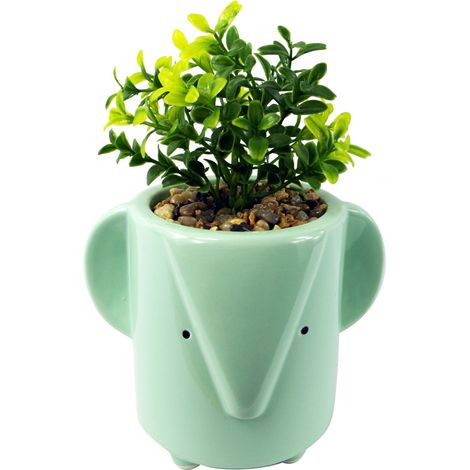 20cm Ceramic Blue Elephant Planter with Artificial Foliage Plant (1/2)
