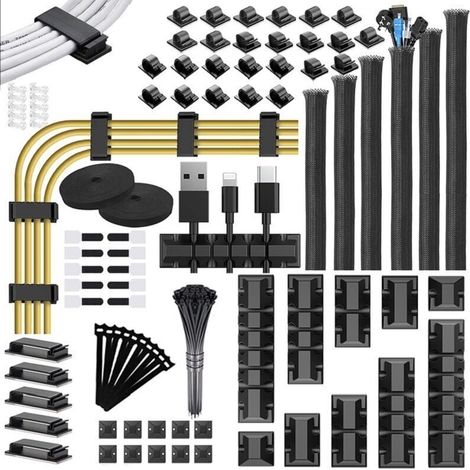 188 Kits de Gestion des Câbles, 6 Manchons de Gaine de Câble 50 Serre-Câbles Adhésifs 100 Serre-Câbles 10 Attaches de Câble Base 20 + 2 Serre-Câbles Organisateur Rallonge pour TV PC Voiture (1/4)
