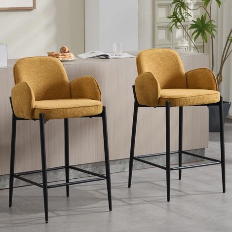 Wahson 2 PZ Sgabelli Bar Moderni Sgabelli Cucina in Ciniglia, Braccioli Sgabelli Alti Imbottiti con Gambe in Metallo Sedie da Bar per Penisola Cucina, Giallo (1/5)