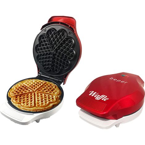 Beper - Piastra per Waffle, Cialdiera, 5 Waffle Alla Volta, Piastra Antiaderente 18cm, 800-100W - Rosso/Bianco