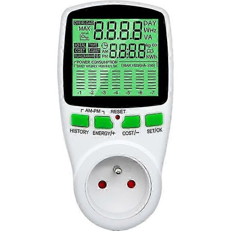 Prise pour compteur électrique, compteur de consommation d'énergie avec 11 modes et affichage LCD, compteur à double tarif d'économie d'énergie, puissance maximale 3680 watts. (1/5)