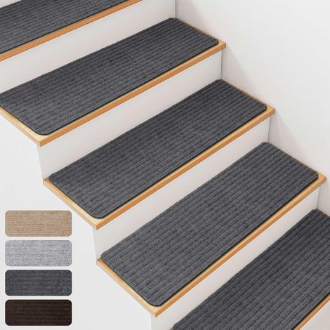 Lot de 15 tapis d'escalier antidérapants pour marches en bois - 20 x 76 cm - Tapis d'escalier d'intérieur avec dos autocollant, amovible et lavable en machine - Gris foncé