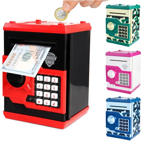 Salvadanaio ATM per bambini dai 3 ai 12 anni, grande capacità, carta per scorrimento automatico, blocco password, salvadanaio elettronico per bancomat (rosso) (1/5)