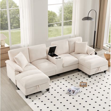 Divano a U 293x142x93 cm beige in velluto a coste con contenitori, USB, portabicchieri e 2 cuscini (1/5)