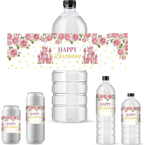 30pcs Happy Birthday Water Bottle Labels, Adhesive Water Bottle Labels, Waterproof Castle Flower Labels for Birthday Parties, 21.5 x 6.3 cm (1/5)