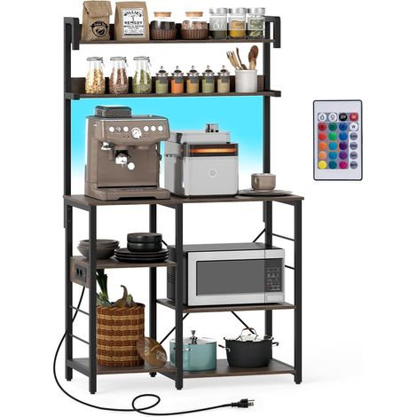 COSTWAY Étagère de Cuisine avec Prise de Courant, Meuble Micro-Ondes à 5 Niveaux avec Éclairage LED, Étagères de Rangement, Station de Café pour Salle à Manger et Salon, Marron (1/5)